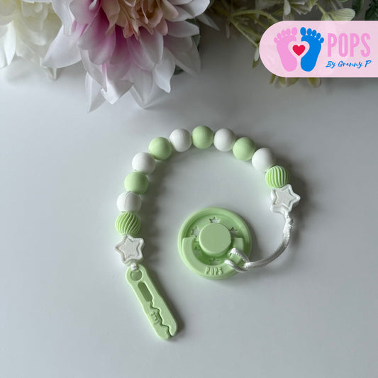 POPS Dummy Clip - Mint & White Stars & Swirls - Can be personalised