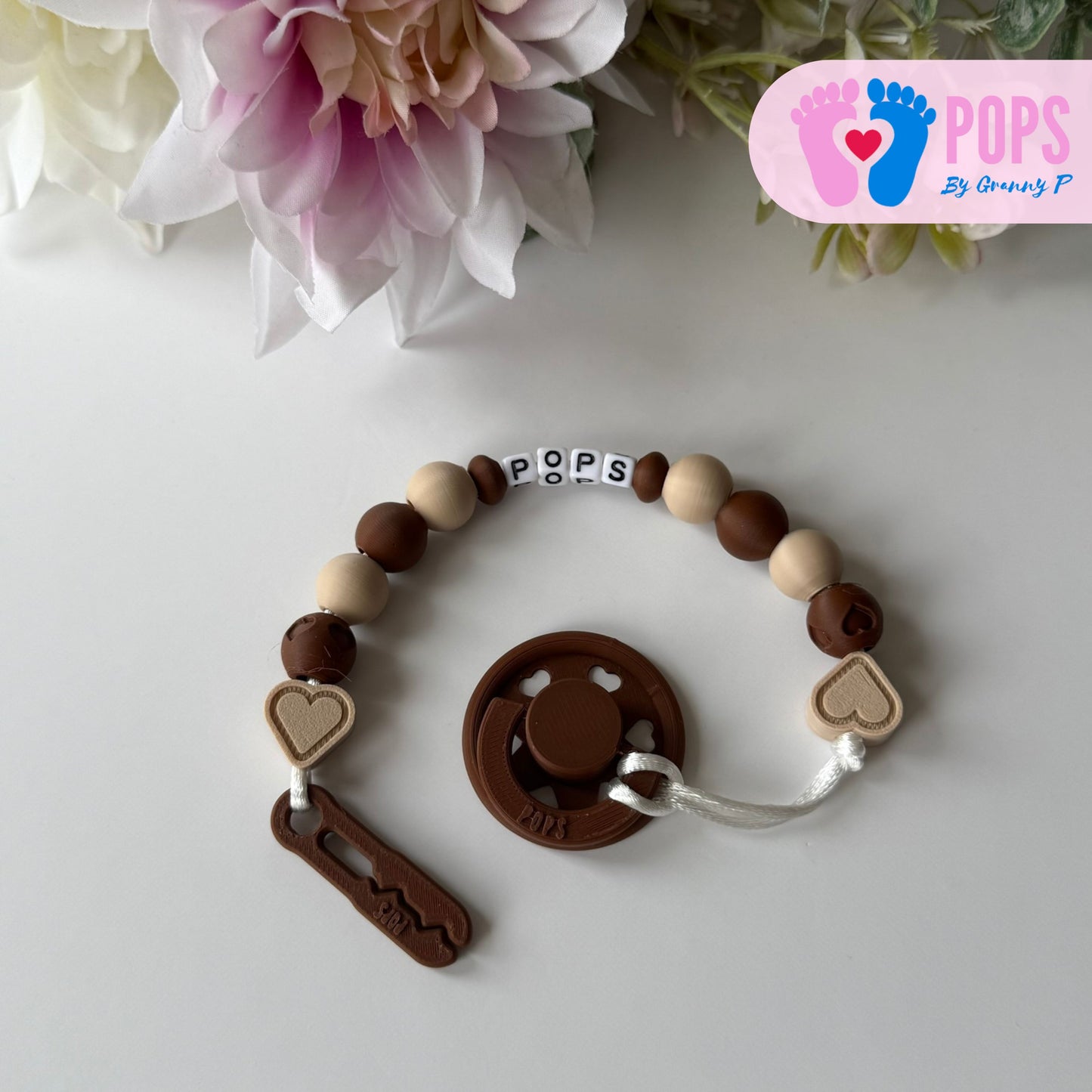 POPS Dummy Clip - Mocha & Latte Hearts & Hearts - Can be personalised