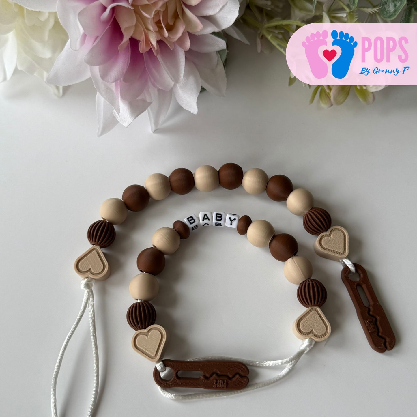 POPS Dummy Clip - Mocha & Latte Hearts & Lanterns - Can be personalised