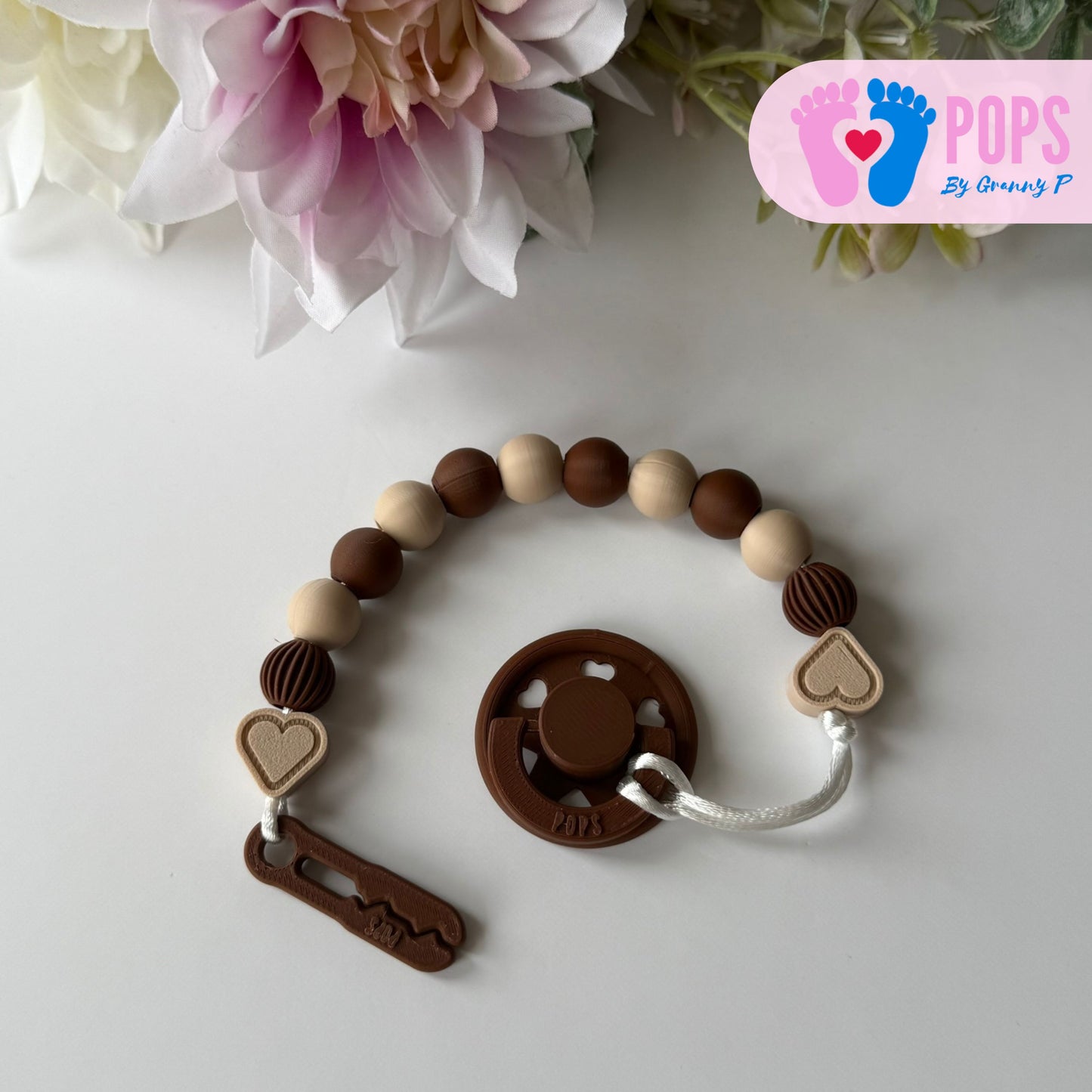 POPS Dummy Clip - Mocha & Latte Hearts & Lanterns - Can be personalised