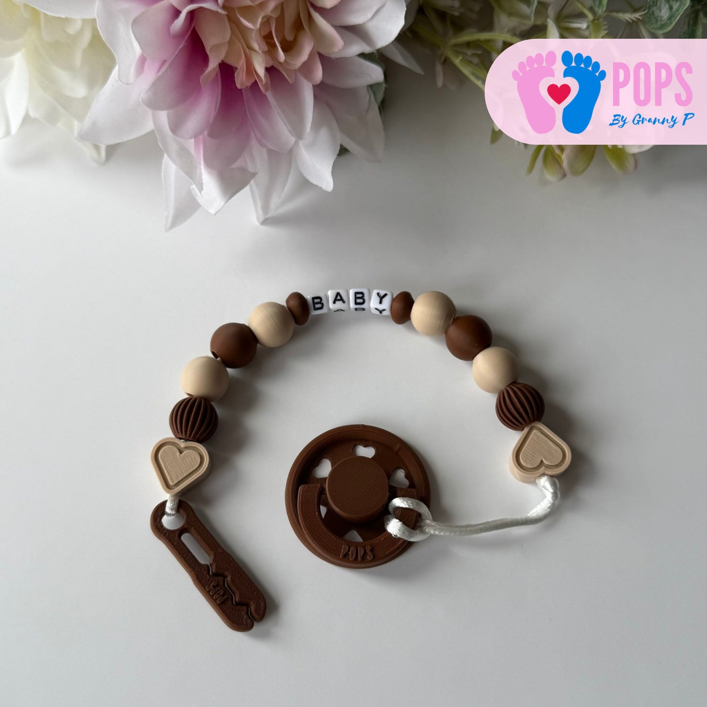 POPS Dummy Clip - Mocha & Latte Hearts & Lanterns - Can be personalised