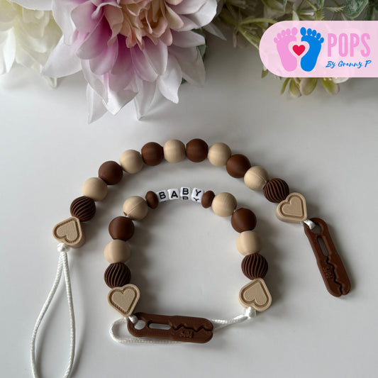 POPS Dummy Clip - Mocha & Latte Hearts & Swirls - Can be personalised