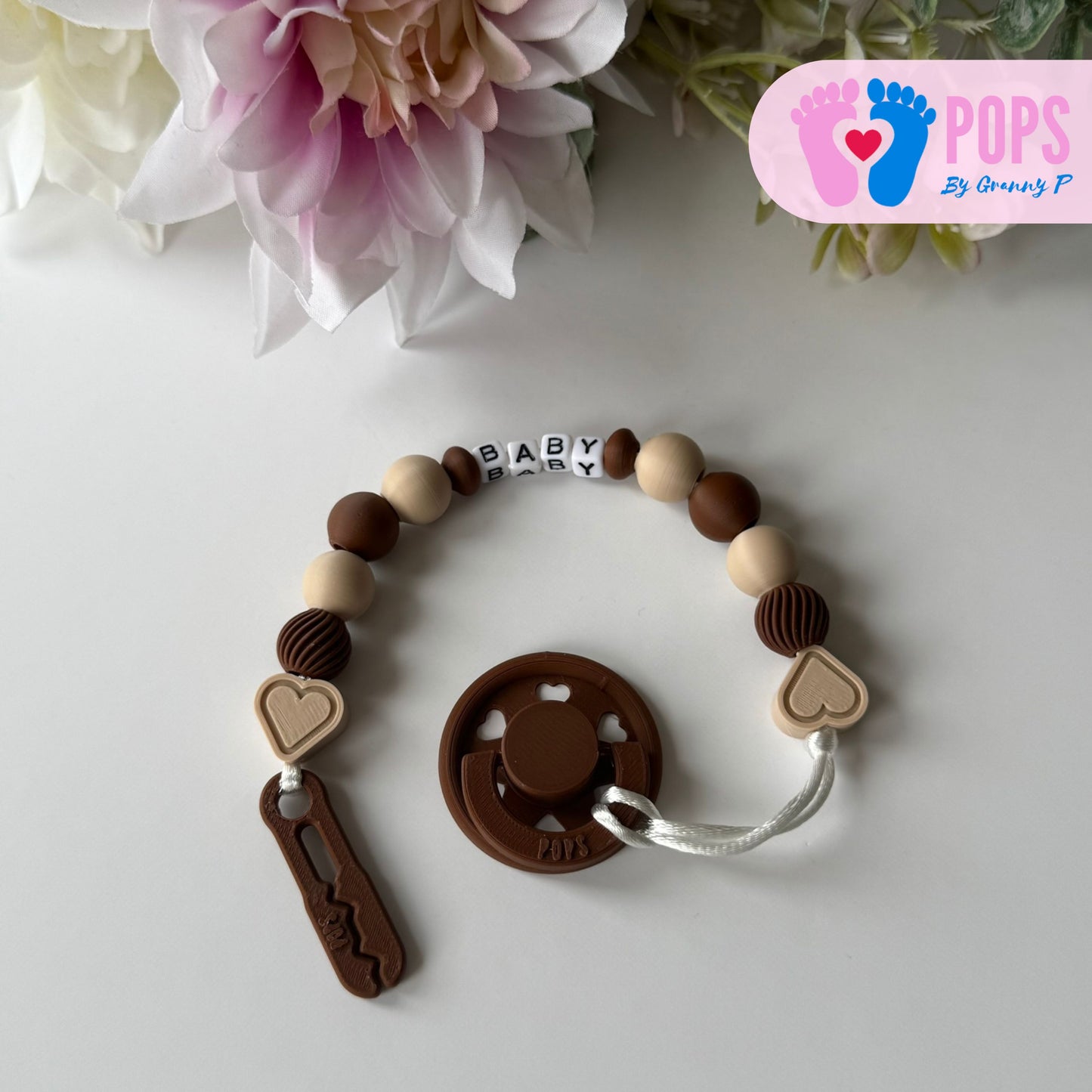 POPS Dummy Clip - Mocha & Latte Hearts & Swirls - Can be personalised