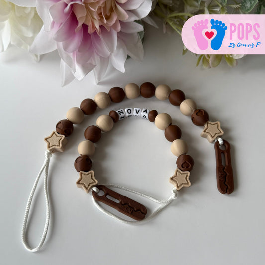 POPS Dummy Clip - Mocha & Latte Stars & Hearts - Can be personalised