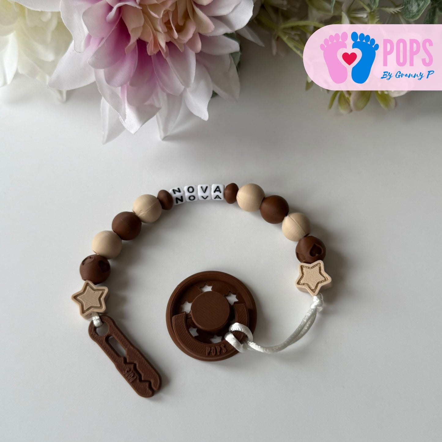 POPS Dummy Clip - Mocha & Latte Stars & Hearts - Can be personalised
