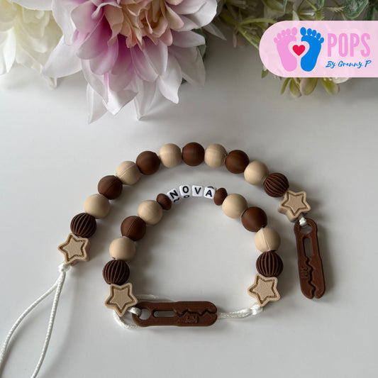 POPS Dummy Clip - Mocha & Latte Stars & Lanterns - Can be personalised