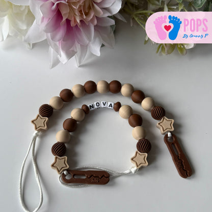 POPS Dummy Clip - Mocha & Latte Stars & Swirls - Can be personalised