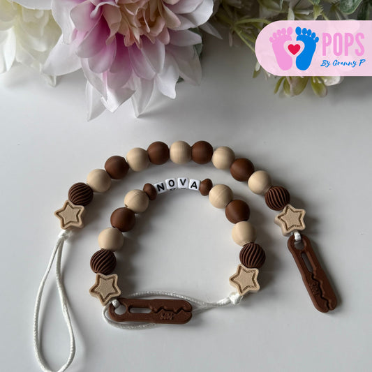 POPS Dummy Clip - Mocha & Latte Stars & Swirls - Can be personalised