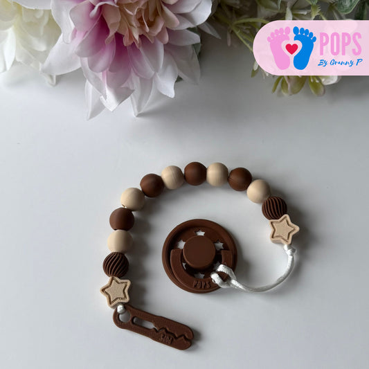POPS Dummy Clip - Mocha & Latte Stars & Swirls - Can be personalised