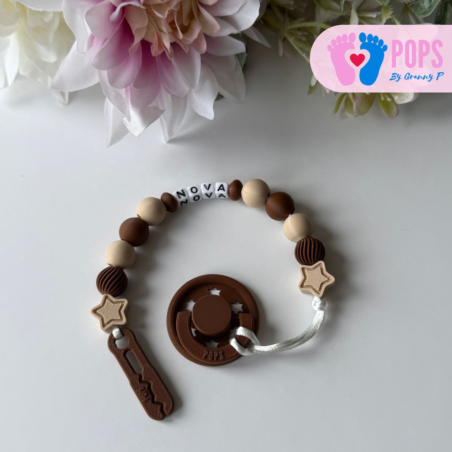 POPS Dummy Clip - Mocha & Latte Stars & Swirls - Can be personalised