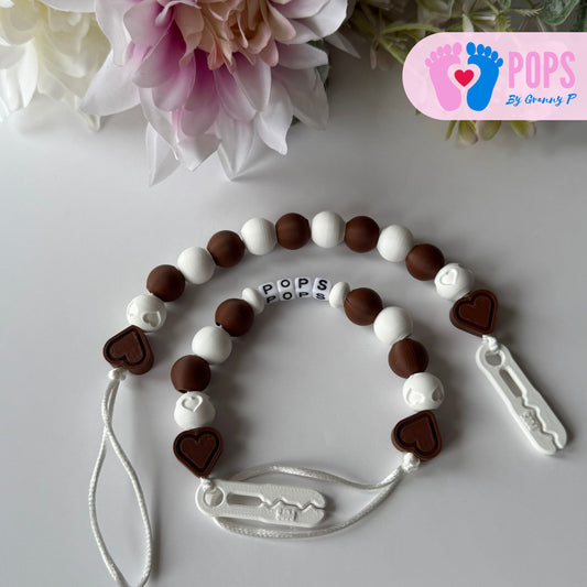 POPS Dummy Clip - Mocha & White Hearts & Hearts - Can be personalised
