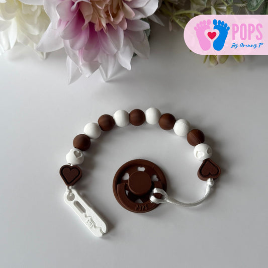 POPS Dummy Clip - Mocha & White Hearts & Hearts - Can be personalised