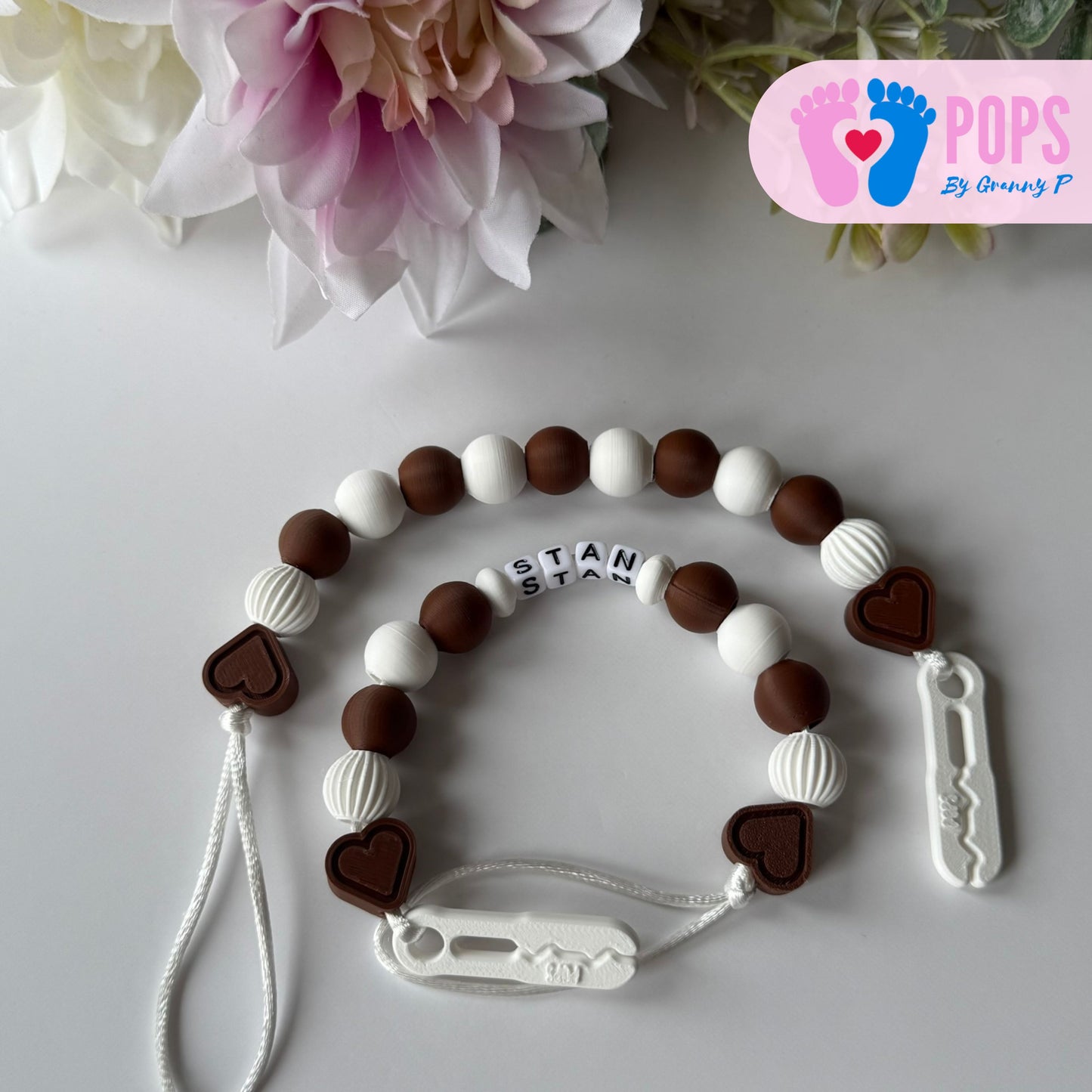 POPS Dummy Clip - Mocha & White Hearts & Lanterns - Can be personalised