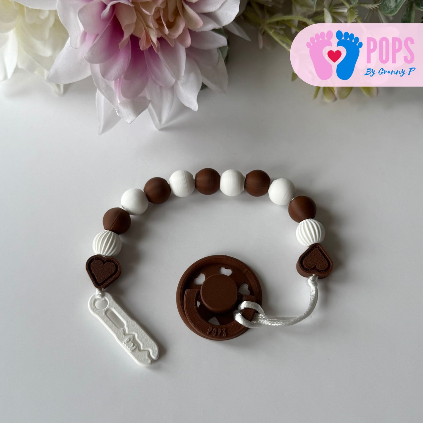 POPS Dummy Clip - Mocha & White Hearts & Lanterns - Can be personalised
