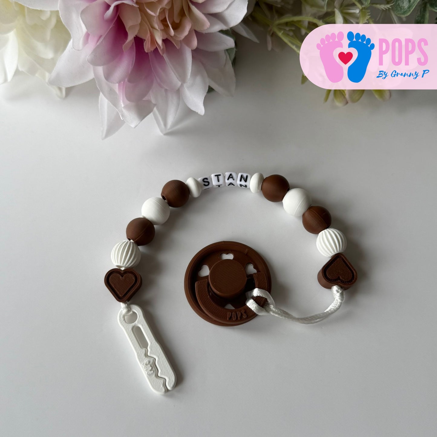 POPS Dummy Clip - Mocha & White Hearts & Lanterns - Can be personalised