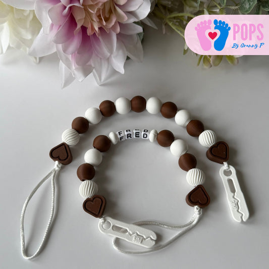 POPS Dummy Clip - Mocha & White Hearts & Swirls - Can be personalised