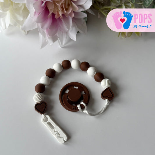 POPS Dummy Clip - Mocha & White Hearts & Swirls - Can be personalised