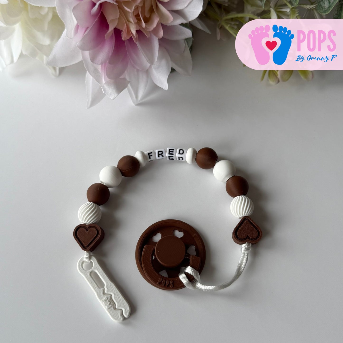 POPS Dummy Clip - Mocha & White Hearts & Swirls - Can be personalised
