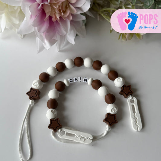 POPS Dummy Clip - Mocha & White Stars & Hearts - Can be personalised