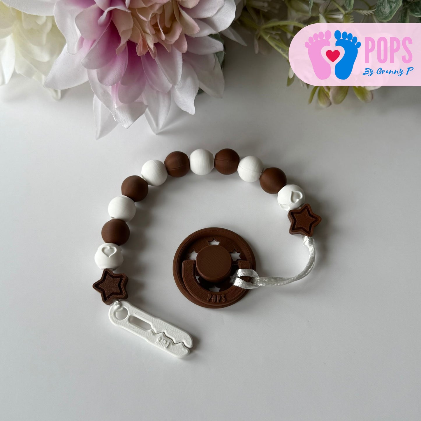 POPS Dummy Clip - Mocha & White Stars & Hearts - Can be personalised