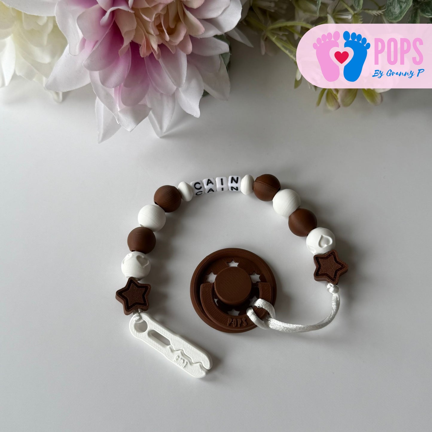POPS Dummy Clip - Mocha & White Stars & Hearts - Can be personalised