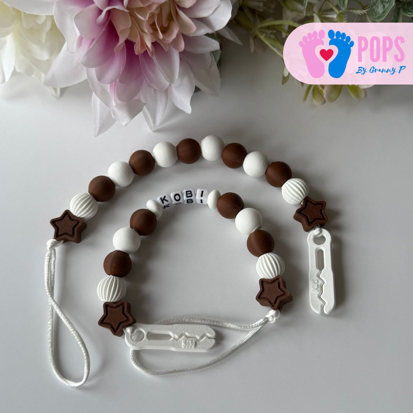 POPS Dummy Clip - Mocha & White Stars & Lanterns - Can be personalised