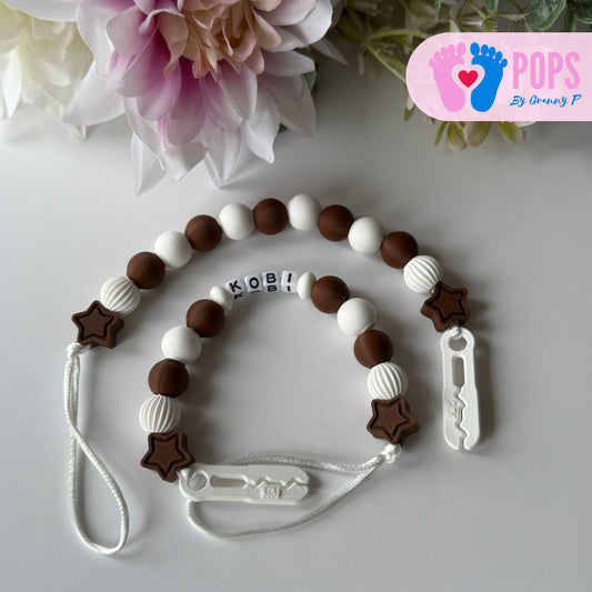 POPS Dummy Clip - Mocha & White Stars & Lanterns - Can be personalised