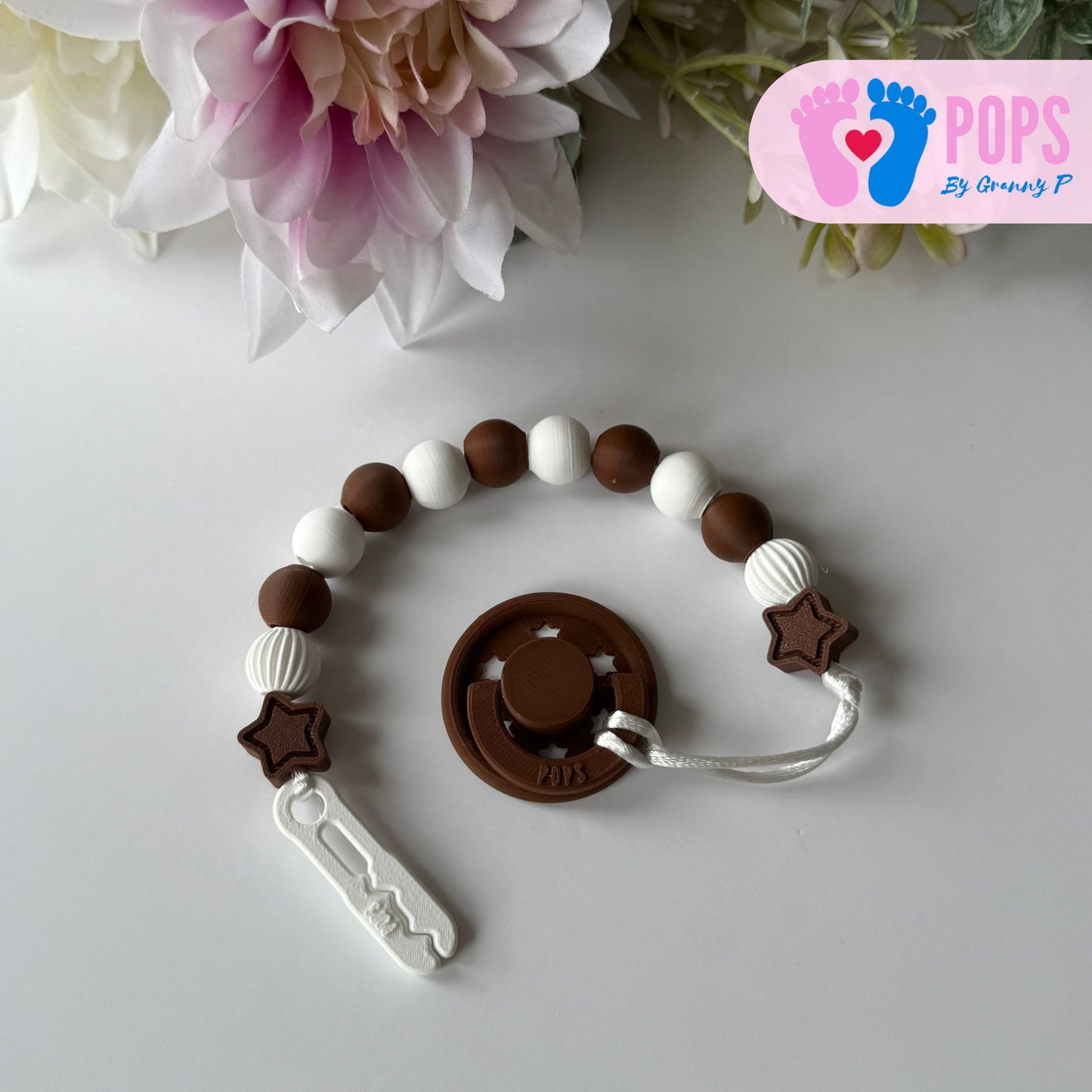 POPS Dummy Clip - Mocha & White Stars & Lanterns - Can be personalised