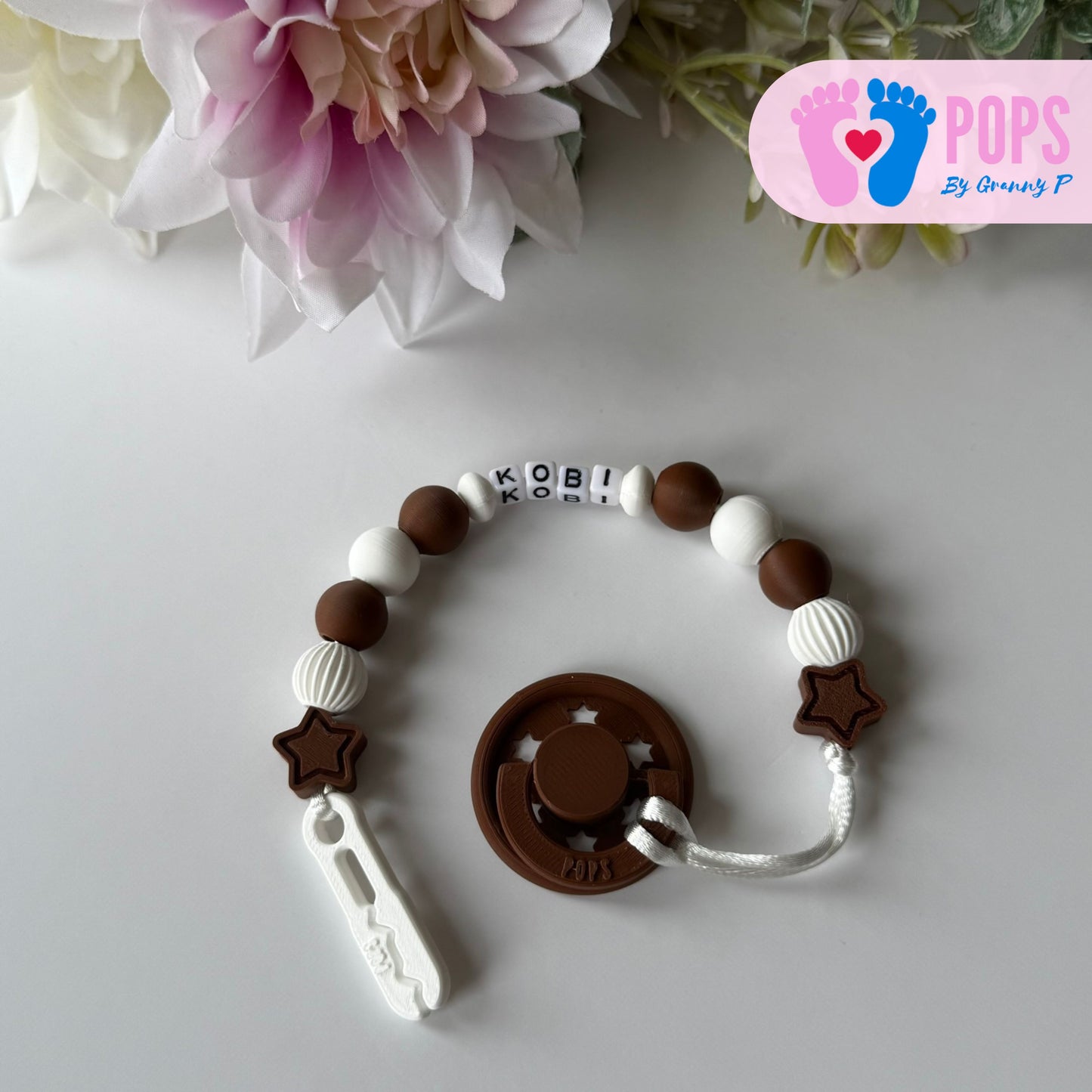 POPS Dummy Clip - Mocha & White Stars & Lanterns - Can be personalised