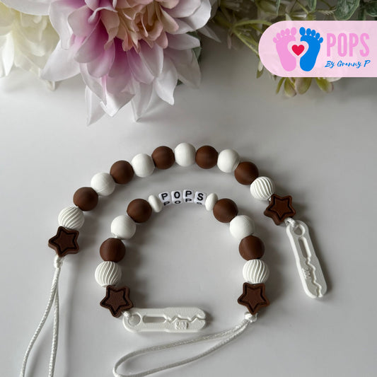 POPS Dummy Clip - Mocha & White Stars & Swirls - Can be personalised