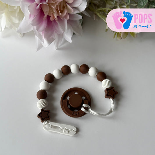 POPS Dummy Clip - Mocha & White Stars & Swirls - Can be personalised