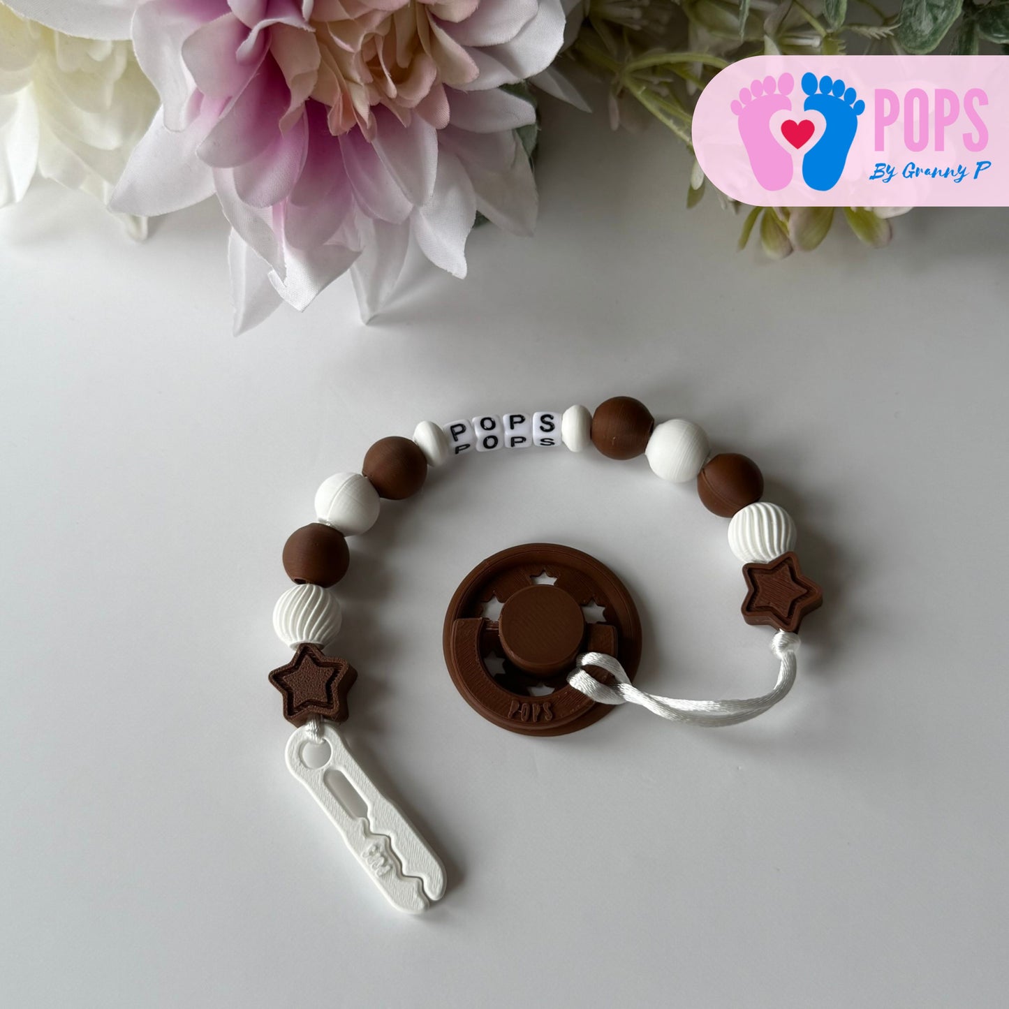POPS Dummy Clip - Mocha & White Stars & Swirls - Can be personalised