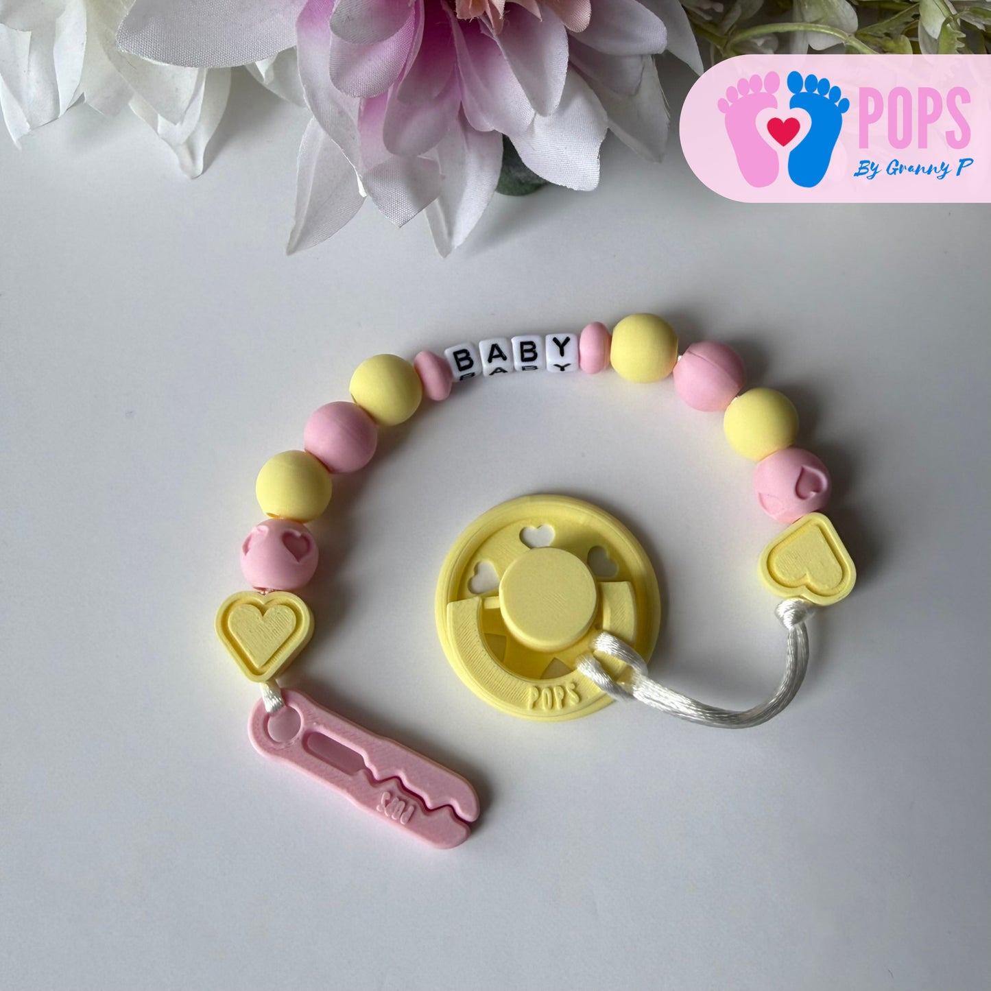 POPS Dummy Clip - Pink & Lemon Hearts & Hearts - Can be personalised