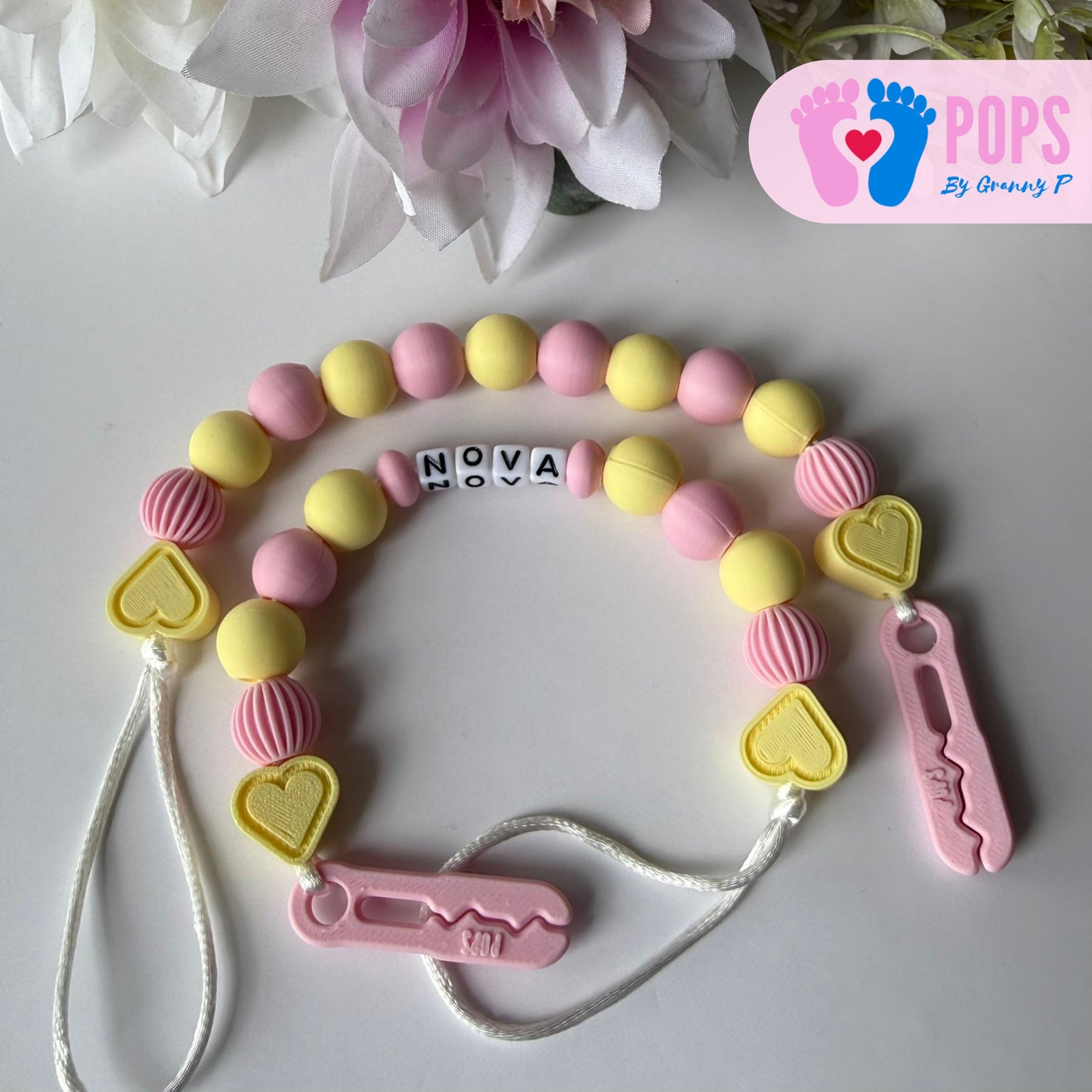 POPS Dummy Clip - Pink & Lemon Hearts & Lanterns - Can be personalised