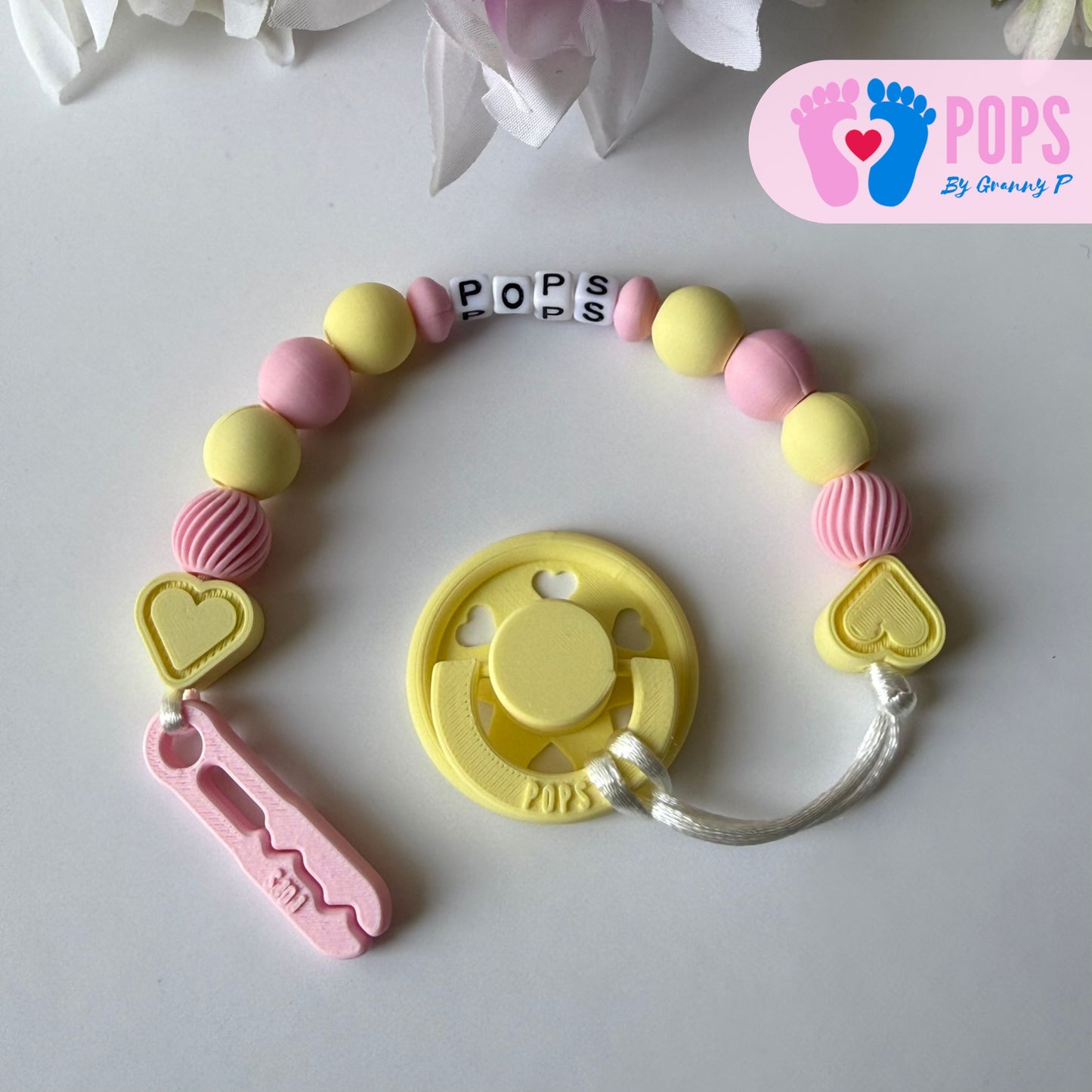 POPS Dummy Clip - Pink & Lemon Hearts & Swirls - Can be personalised