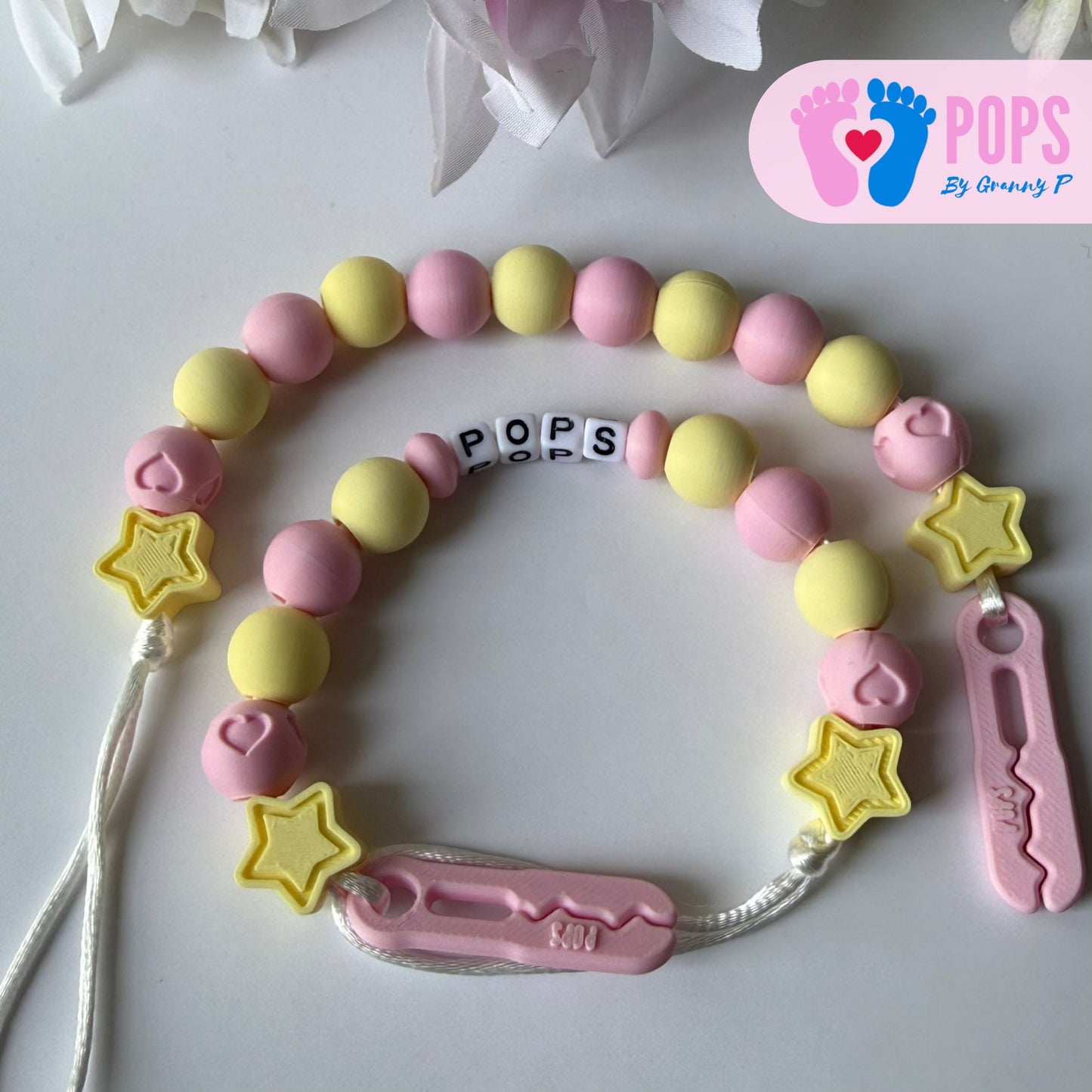 POPS Dummy Clip - Pink & Lemon Stars & Hearts - Can be personalised