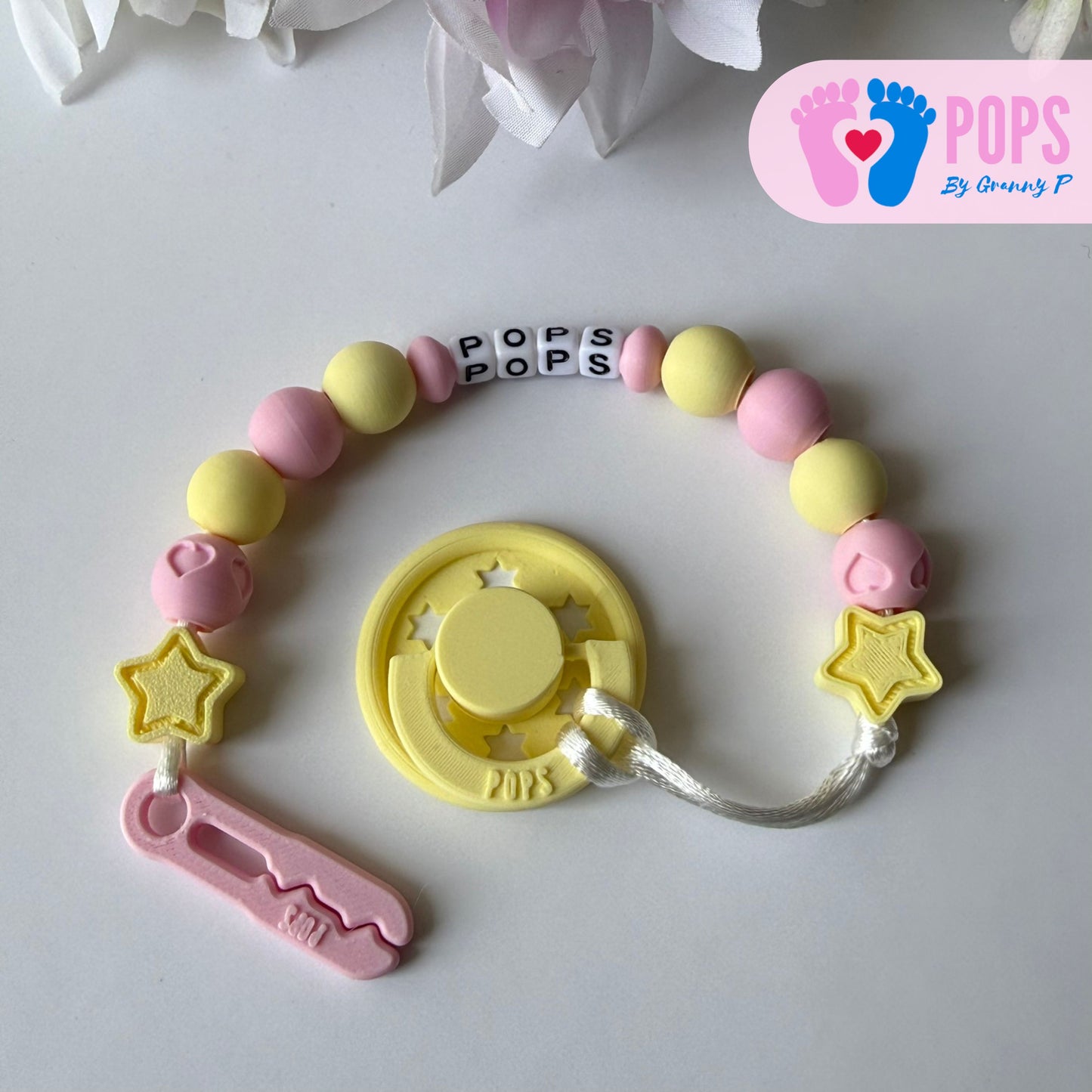 POPS Dummy Clip - Pink & Lemon Stars & Hearts - Can be personalised