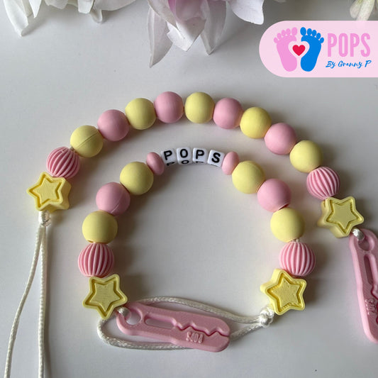 POPS Dummy Clip - Pink & Lemon Stars & Lanterns - Can be personalised