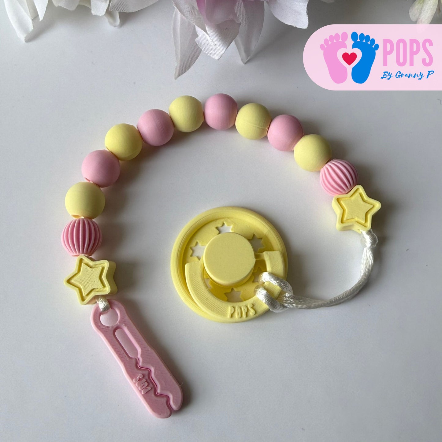 POPS Dummy Clip - Pink & Lemon Stars & Lanterns - Can be personalised