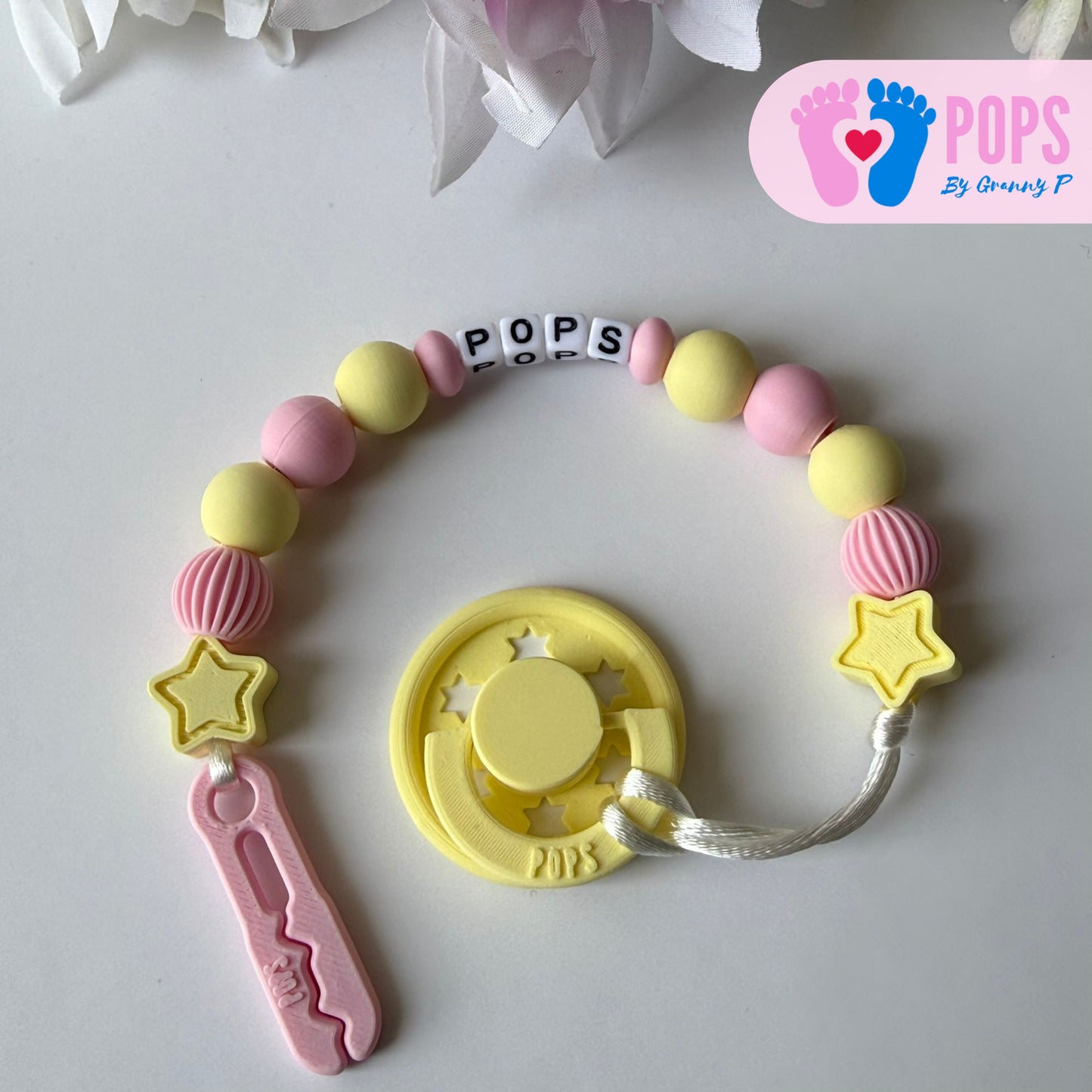 POPS Dummy Clip - Pink & Lemon Stars & Lanterns - Can be personalised