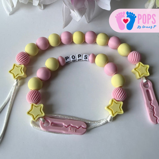 POPS Dummy Clip - Pink & Lemon Stars & Swirls - Can be personalised