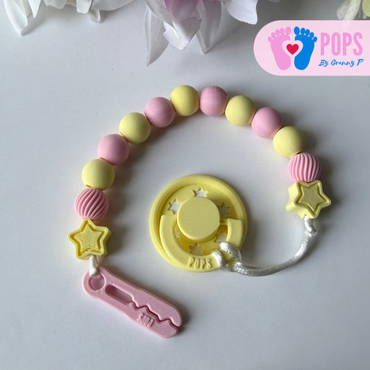 POPS Dummy Clip - Pink & Lemon Stars & Swirls - Can be personalised