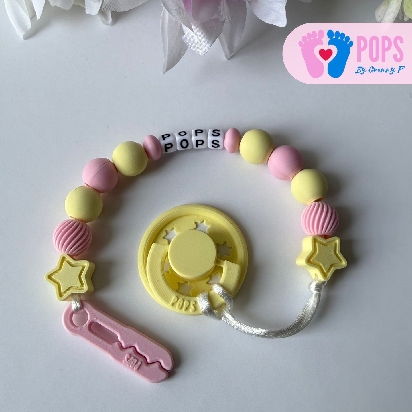 POPS Dummy Clip - Pink & Lemon Stars & Swirls - Can be personalised