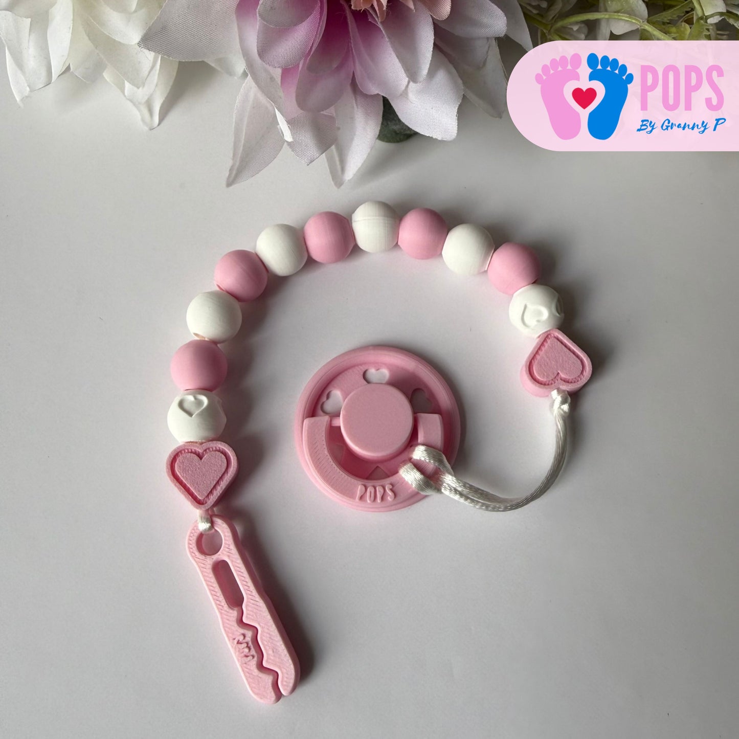 POPS Dummy Clip - Pink & White Hearts & Hearts - Can be personalised