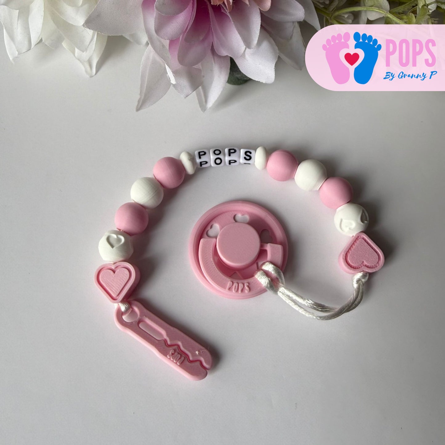 POPS Dummy Clip - Pink & White Hearts & Hearts - Can be personalised
