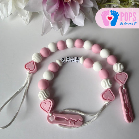 POPS Dummy Clip - Pink & White Hearts & Swirls - Can be personalised