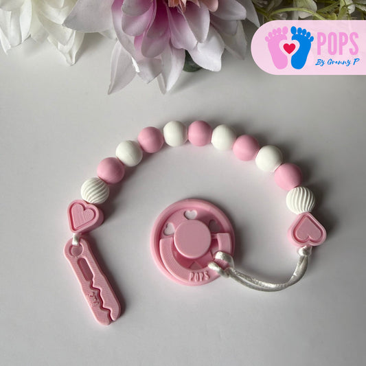 POPS Dummy Clip - Pink & White Hearts & Swirls - Can be personalised