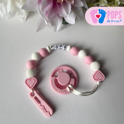 POPS Dummy Clip - Pink & White Hearts & Swirls - Can be personalised