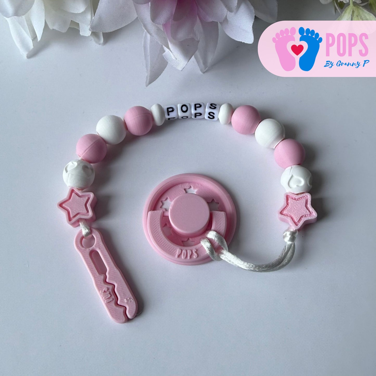 POPS Dummy Clip - Pink & White Stars & Hearts - Can be personalised