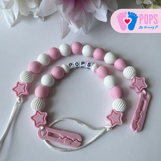 POPS Dummy Clip - Pink & White Stars & Swirls - Can be personalised